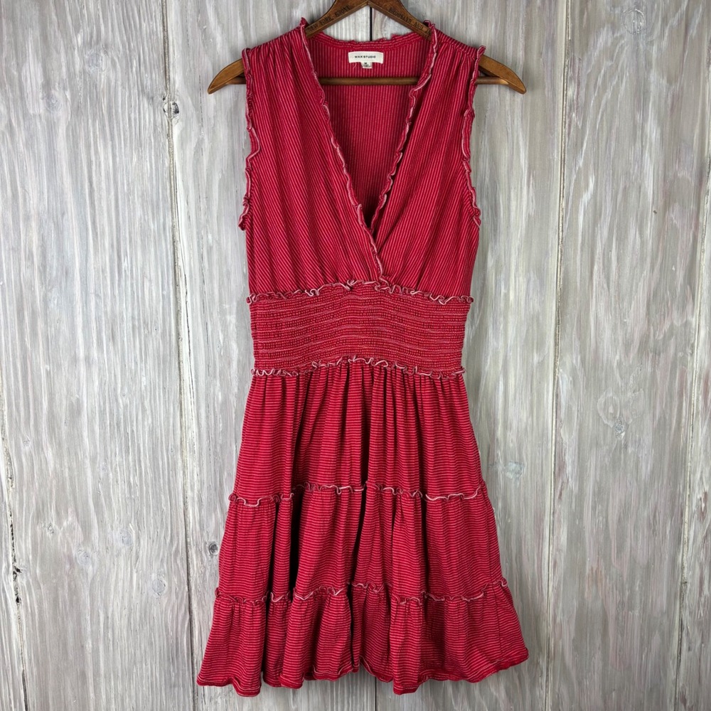 Max Studio Dress Womens M Red Salmon Coral Peasant Smocked Tiered Ruffle Boho